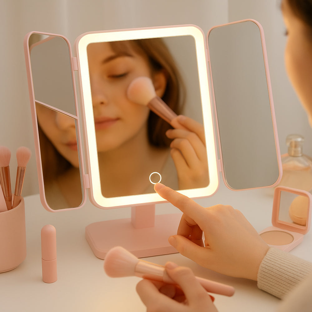 Specchio da toeletta con illuminazione LED regolabile e supporto pieghevole per trucco