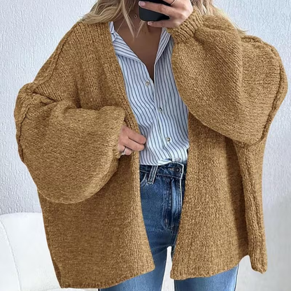 Cardigã Feminino Oversized Aberto à Frente Manga Lanterna