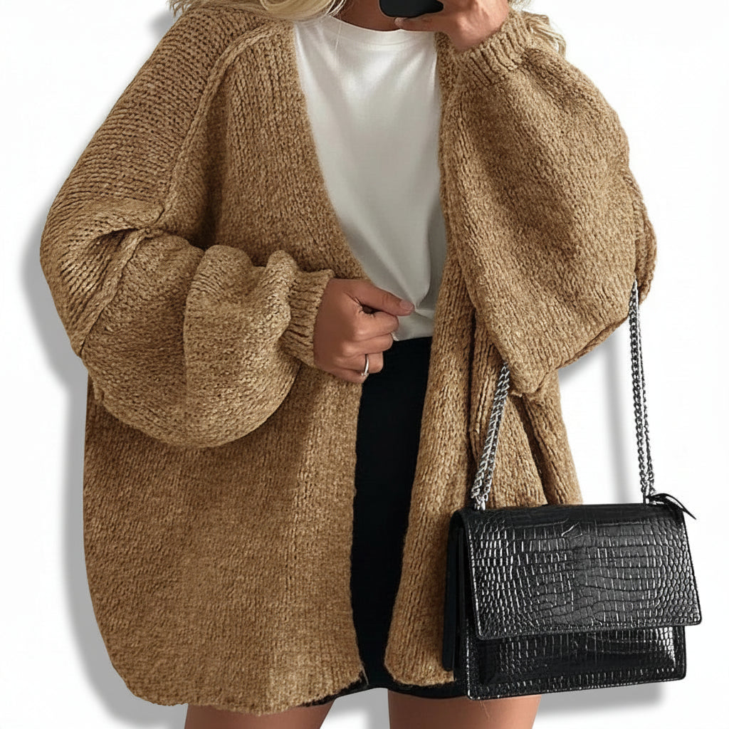 Cardigã Feminino Oversized Aberto à Frente Manga Lanterna