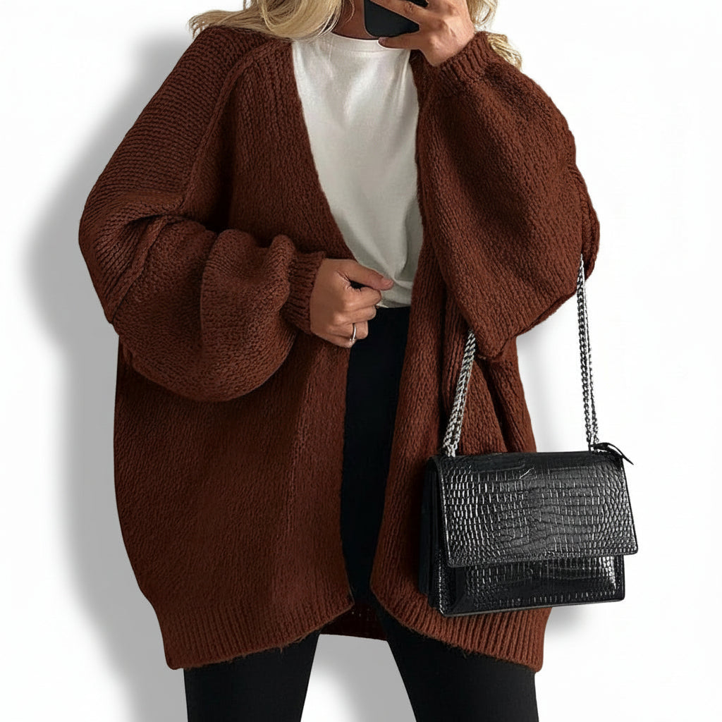 Cardigã Feminino Oversized Aberto à Frente Manga Lanterna