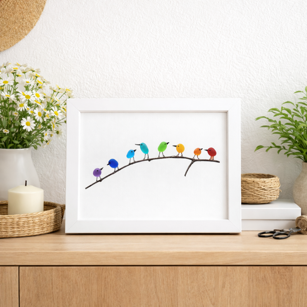 Tablou decorativ cu ramă, sticlă de mare, pasăre și lemn plutitor, decor costier