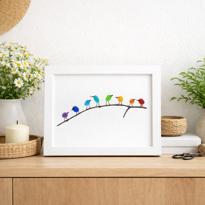 Tablou decorativ cu ramă, sticlă de mare, pasăre și lemn plutitor, decor costier