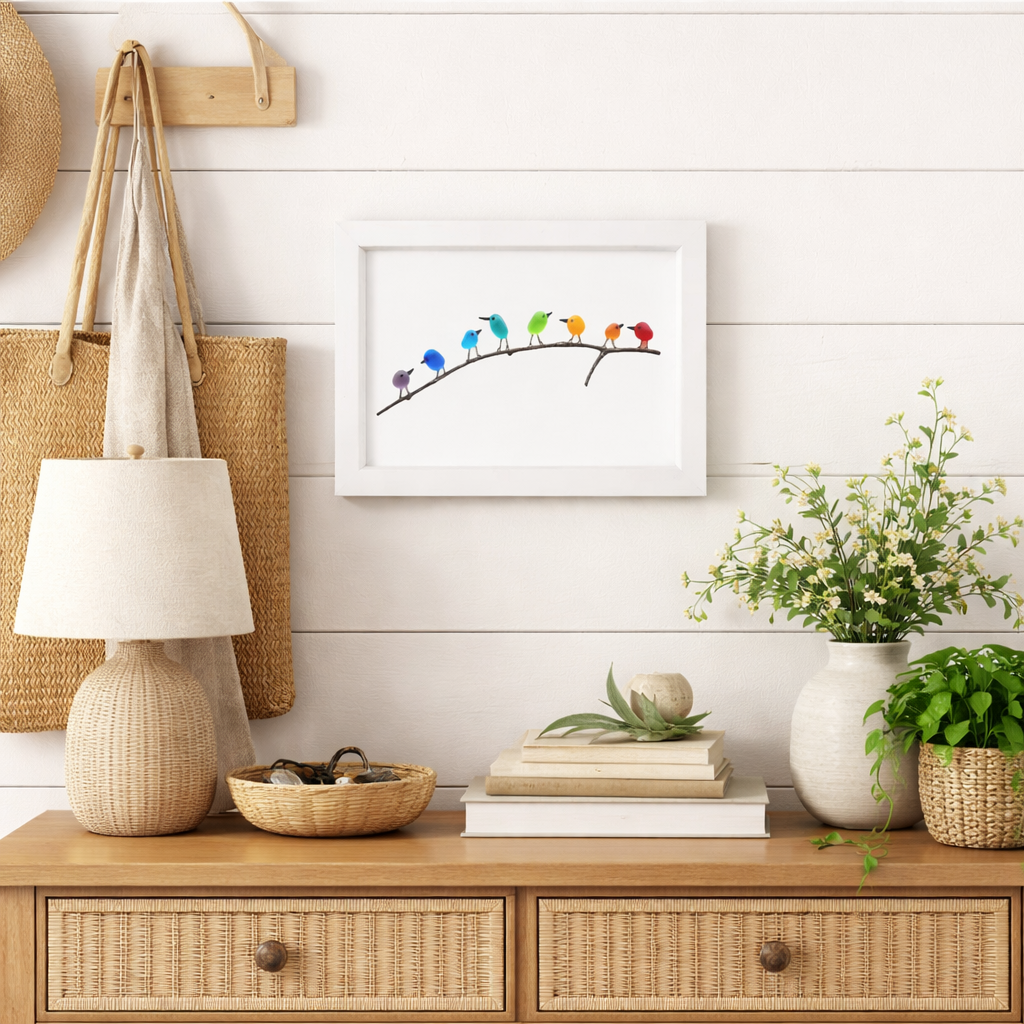 Tablou decorativ cu ramă, sticlă de mare, pasăre și lemn plutitor, decor costier