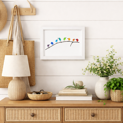 Tablou decorativ cu ramă, sticlă de mare, pasăre și lemn plutitor, decor costier