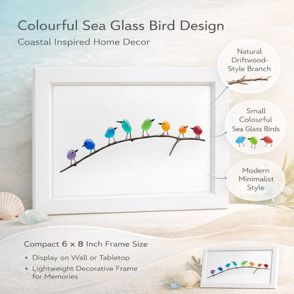 Tablou decorativ cu ramă, sticlă de mare, pasăre și lemn plutitor, decor costier
