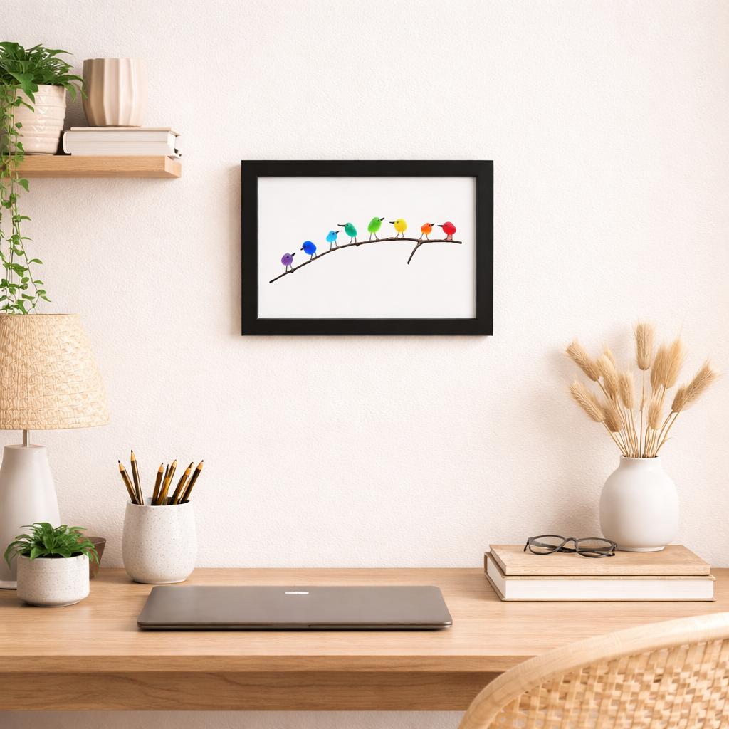 Tablou decorativ cu ramă, sticlă de mare, pasăre și lemn plutitor, decor costier
