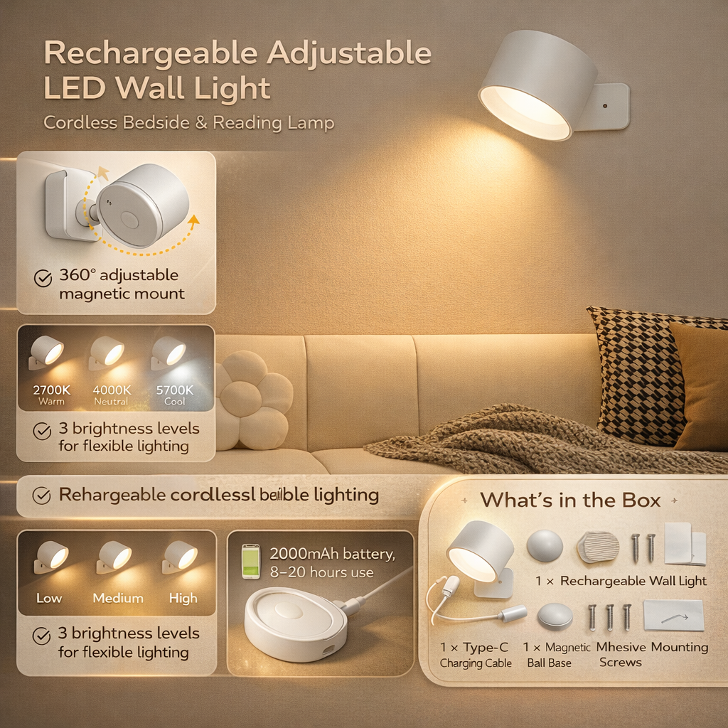 Applique Parete LED Ricaricabile Magnetica Orientabile