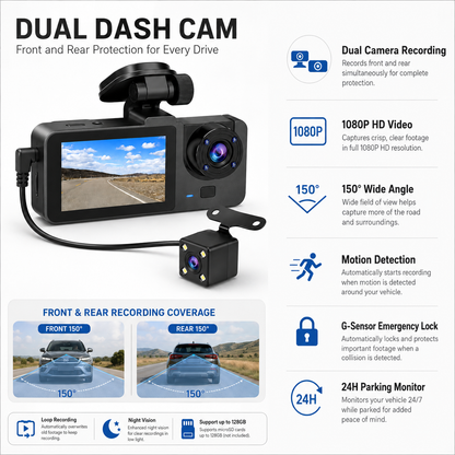 Weitwinkel-Dashcam mit zwei Kameras und Bewegungserkennung