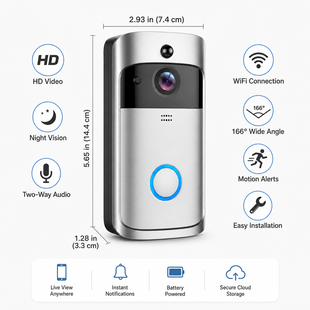 Trådløs videodørklokke med HD-WiFi-kamera og nattesyn