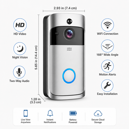 Trådløs videodørklokke med HD-WiFi-kamera og nattesyn