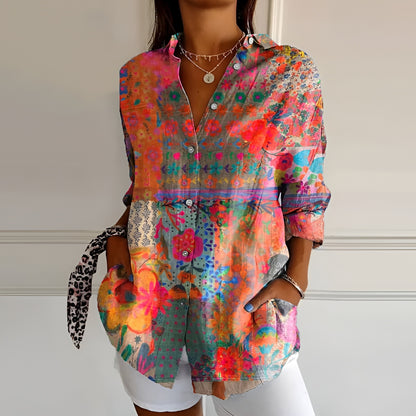 Blusa da donna con stampa floreale, maniche lunghe, tunica con bottoni sul davanti