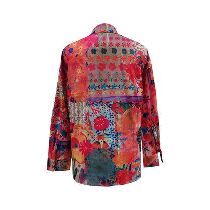 Blusa da donna con stampa floreale, maniche lunghe, tunica con bottoni sul davanti