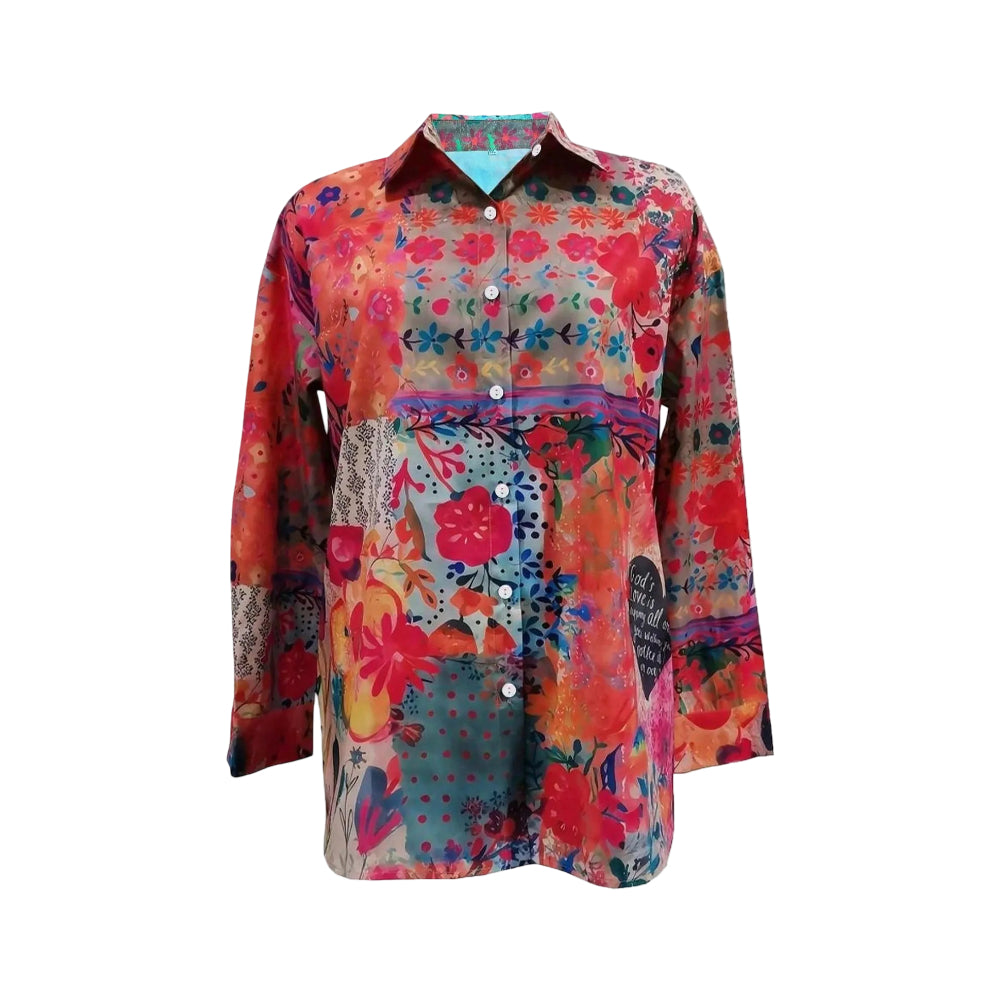 Blusa da donna con stampa floreale, maniche lunghe, tunica con bottoni sul davanti