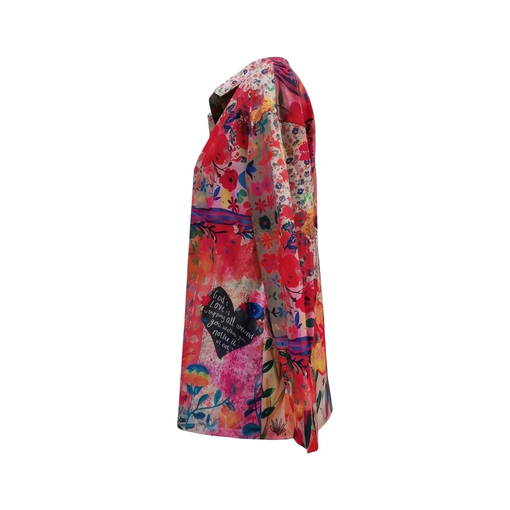 Blusa da donna con stampa floreale, maniche lunghe, tunica con bottoni sul davanti