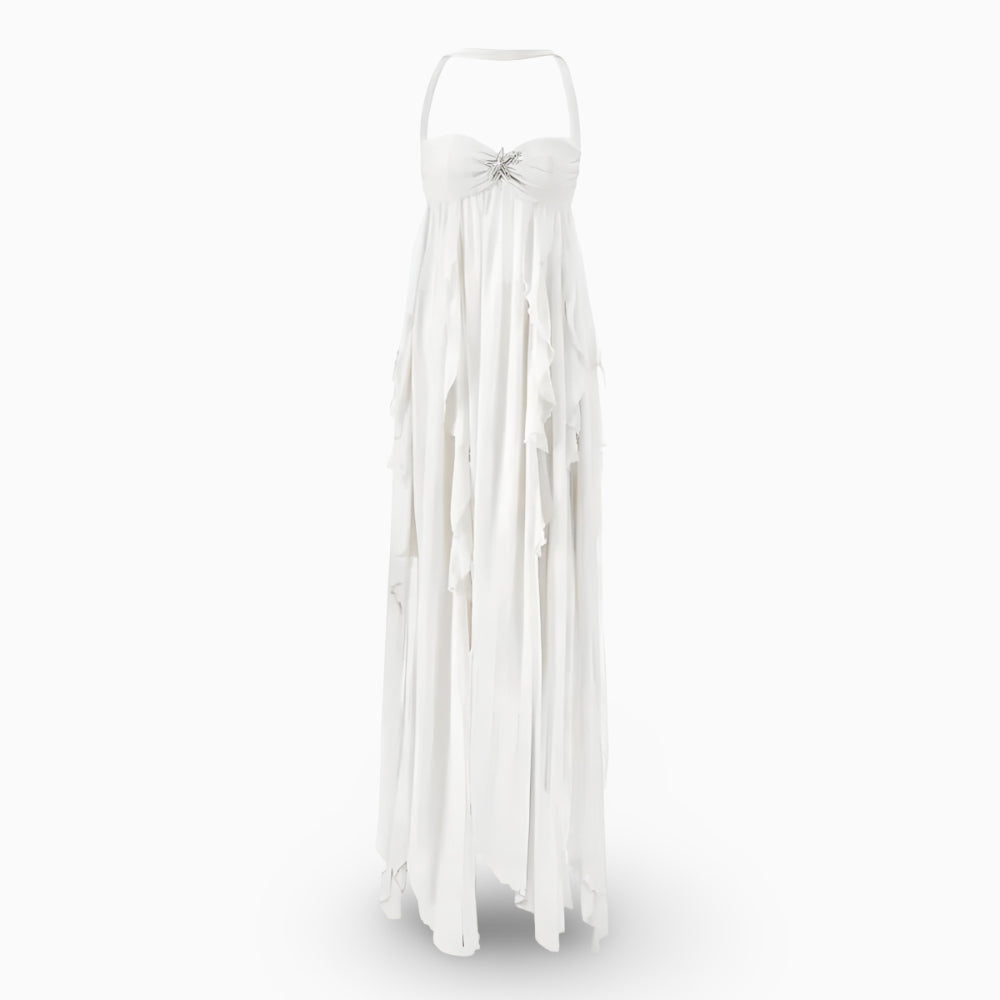Rochie maxi formală lungă pentru femei, plisată, cu umerii goi