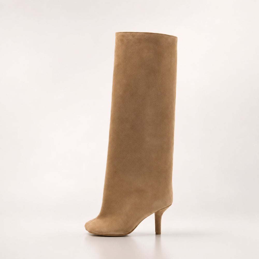Botas de ante para mujer hasta la rodilla, punta puntiaguda, estilo botín sin cierre