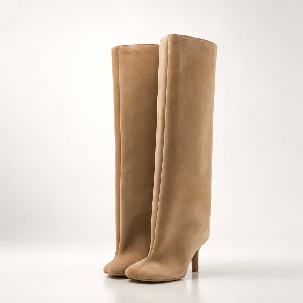 Botas de ante para mujer hasta la rodilla, punta puntiaguda, estilo botín sin cierre