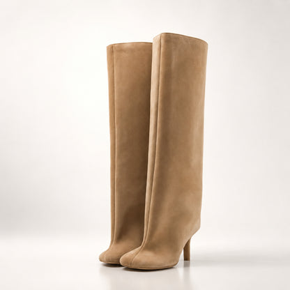 Botas de ante para mujer hasta la rodilla, punta puntiaguda, estilo botín sin cierre