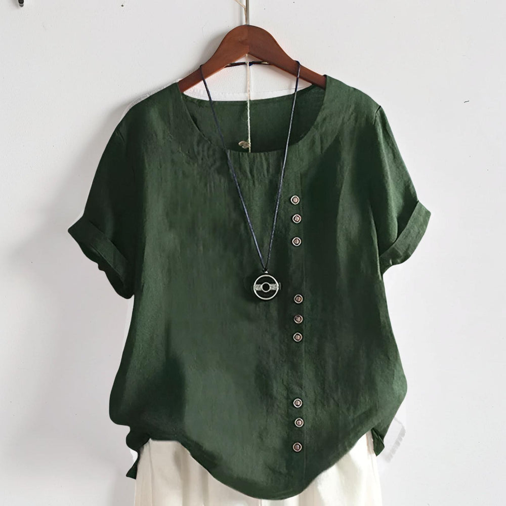 Magliette da donna casual con maniche corte, bottoni frontali e scollo rotondo