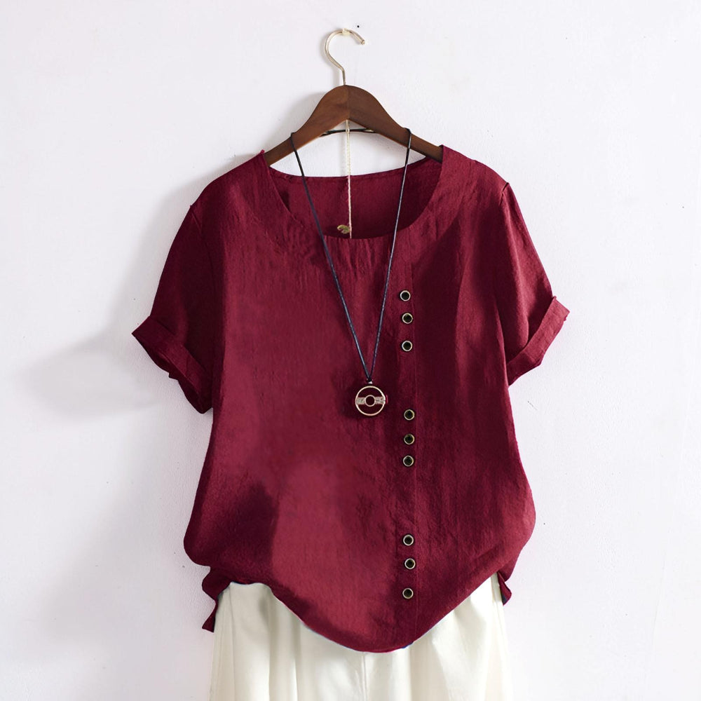 Magliette da donna casual con maniche corte, bottoni frontali e scollo rotondo