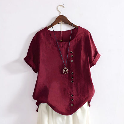 Magliette da donna casual con maniche corte, bottoni frontali e scollo rotondo
