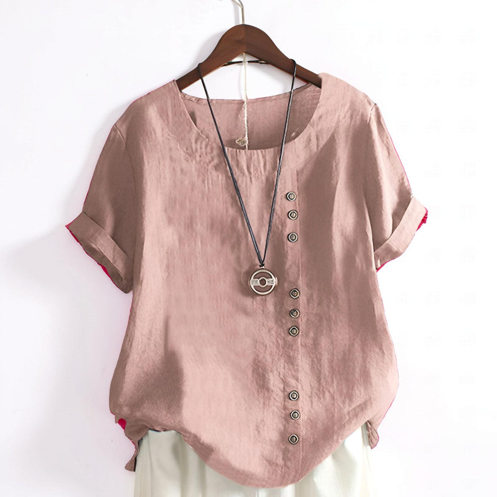 Magliette da donna casual con maniche corte, bottoni frontali e scollo rotondo