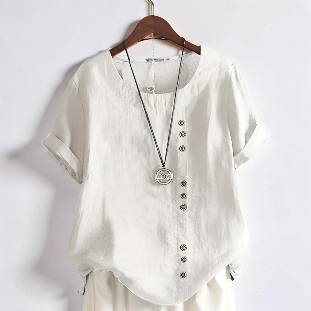 Magliette da donna casual con maniche corte, bottoni frontali e scollo rotondo