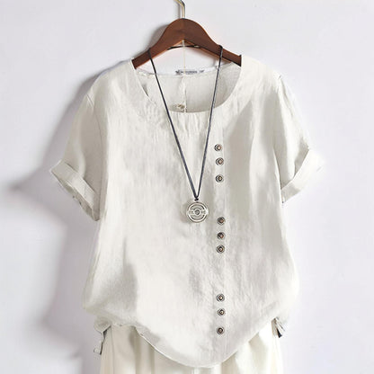 Magliette da donna casual con maniche corte, bottoni frontali e scollo rotondo