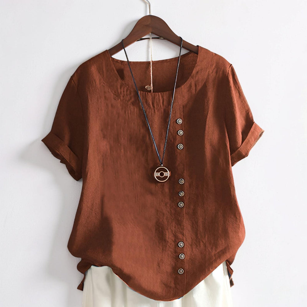 Magliette da donna casual con maniche corte, bottoni frontali e scollo rotondo