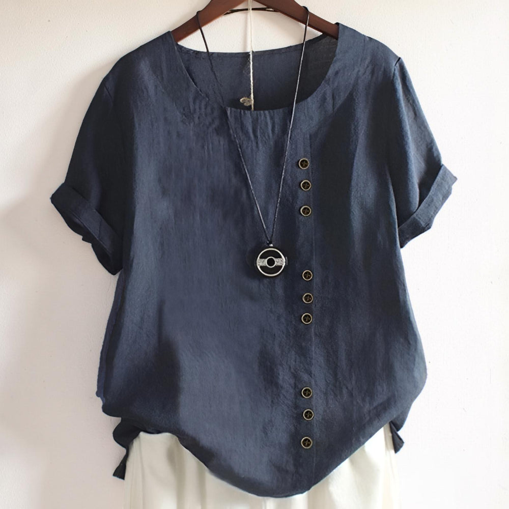 Magliette da donna casual con maniche corte, bottoni frontali e scollo rotondo