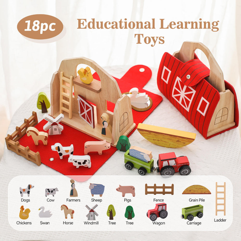 Set de granja de juguetes de madera para niños pequeños, portátil de madera