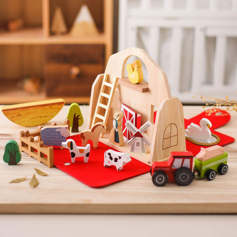 Set de granja de juguetes de madera para niños pequeños, portátil de madera