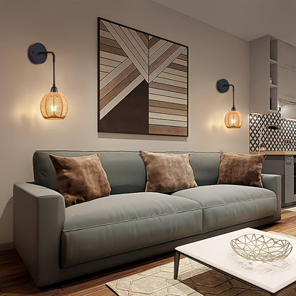 Boho Rattan Wandleuchte | Handgewebte Nachttisch- und Wohnzimmer-Wandleuchte
