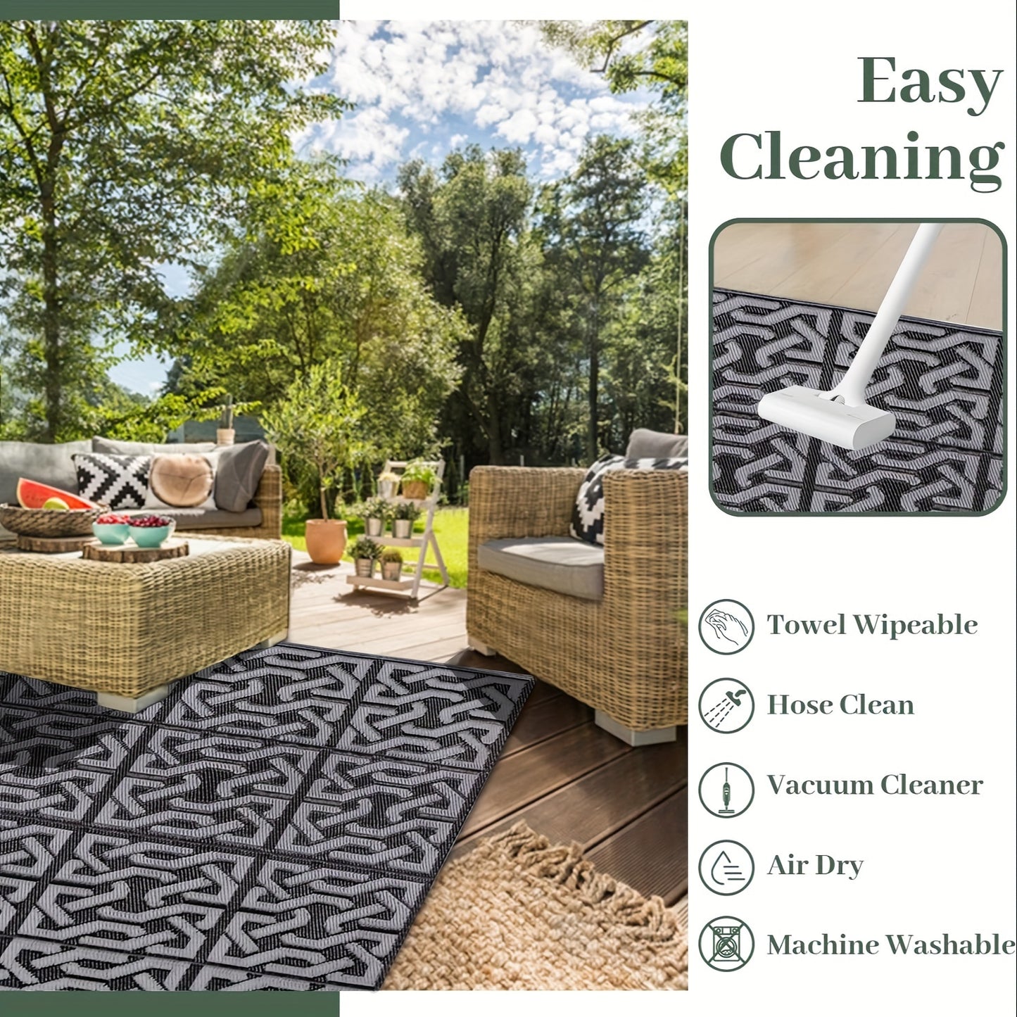 Tappeto Esterno Reversibile | Tappeto Moderno per Patio Nero e Grigio