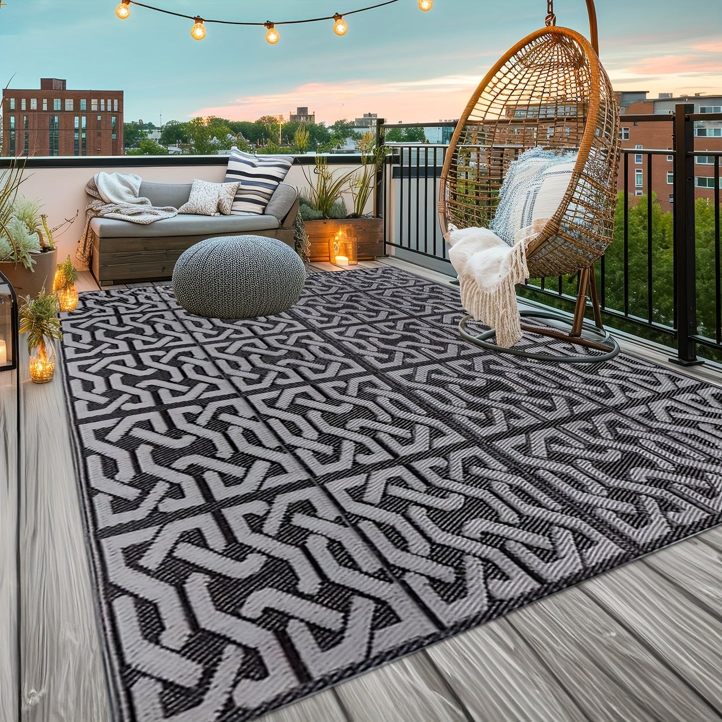 Tappeto Esterno Reversibile | Tappeto Moderno per Patio Nero e Grigio