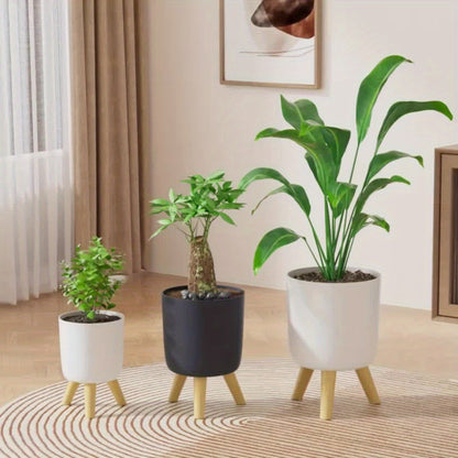 Vaso Moderno Rotondo con Gambe in Legno | Vaso Decorativo per Piante da Interno e Esterno