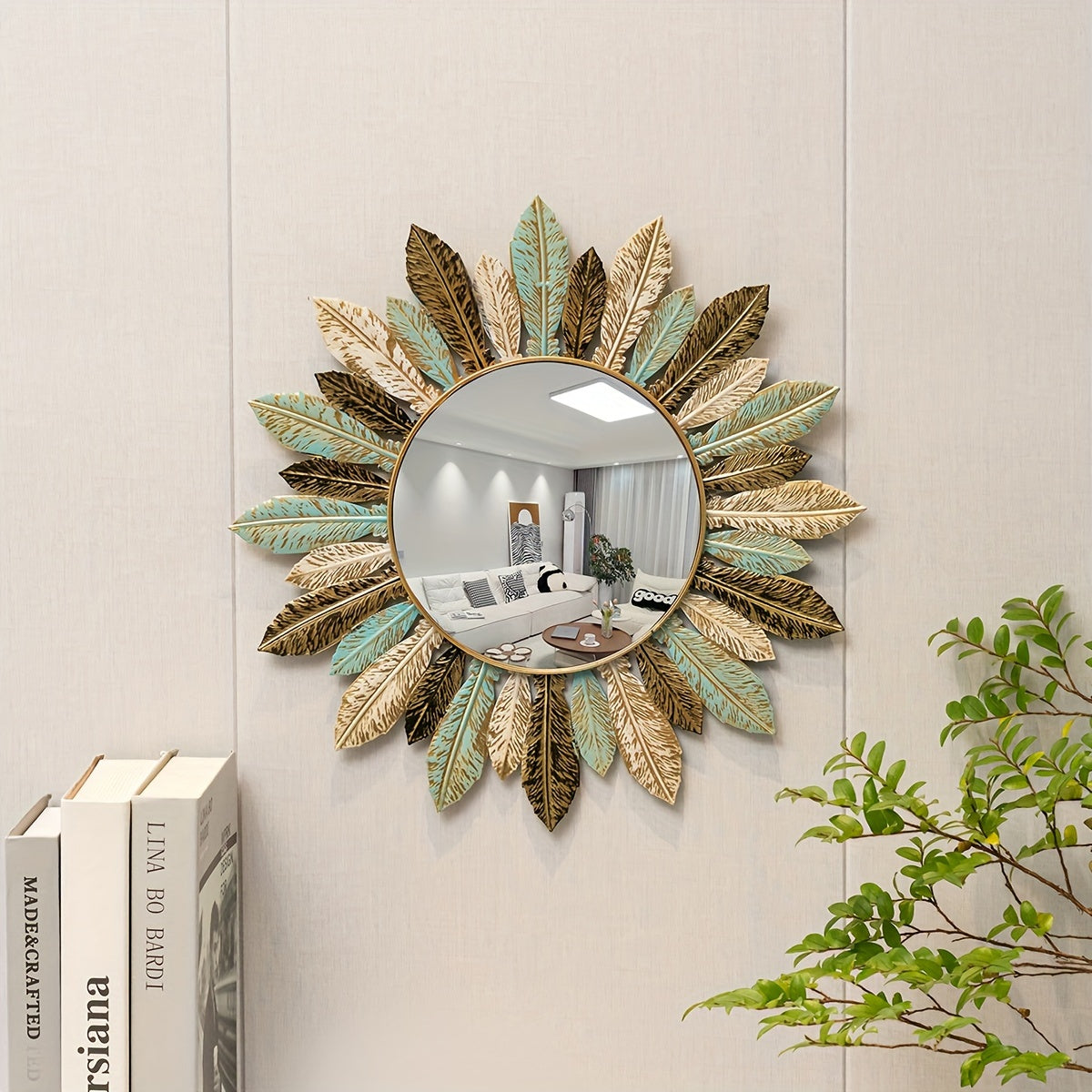 Specchio da Parete in Metallo Bohemien Sunburst | Design Foglia Verde Petrolio e Oro