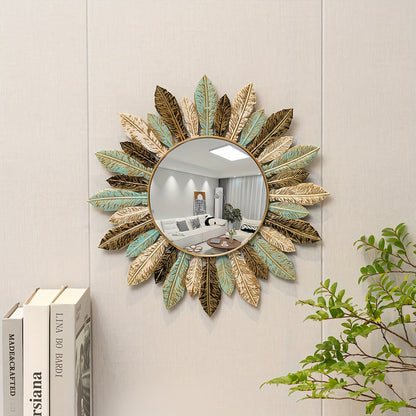 Specchio da Parete in Metallo Bohemien Sunburst | Design Foglia Verde Petrolio e Oro