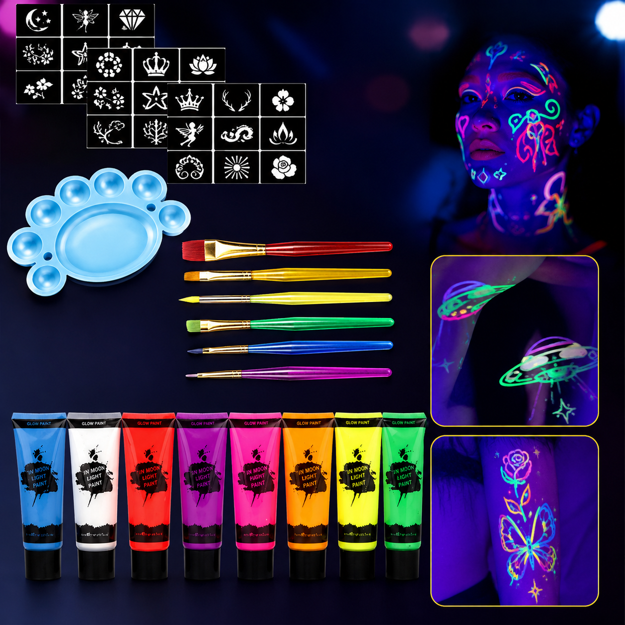 Set de pintura corporal UV que brilla en la oscuridad para fiestas y festivales