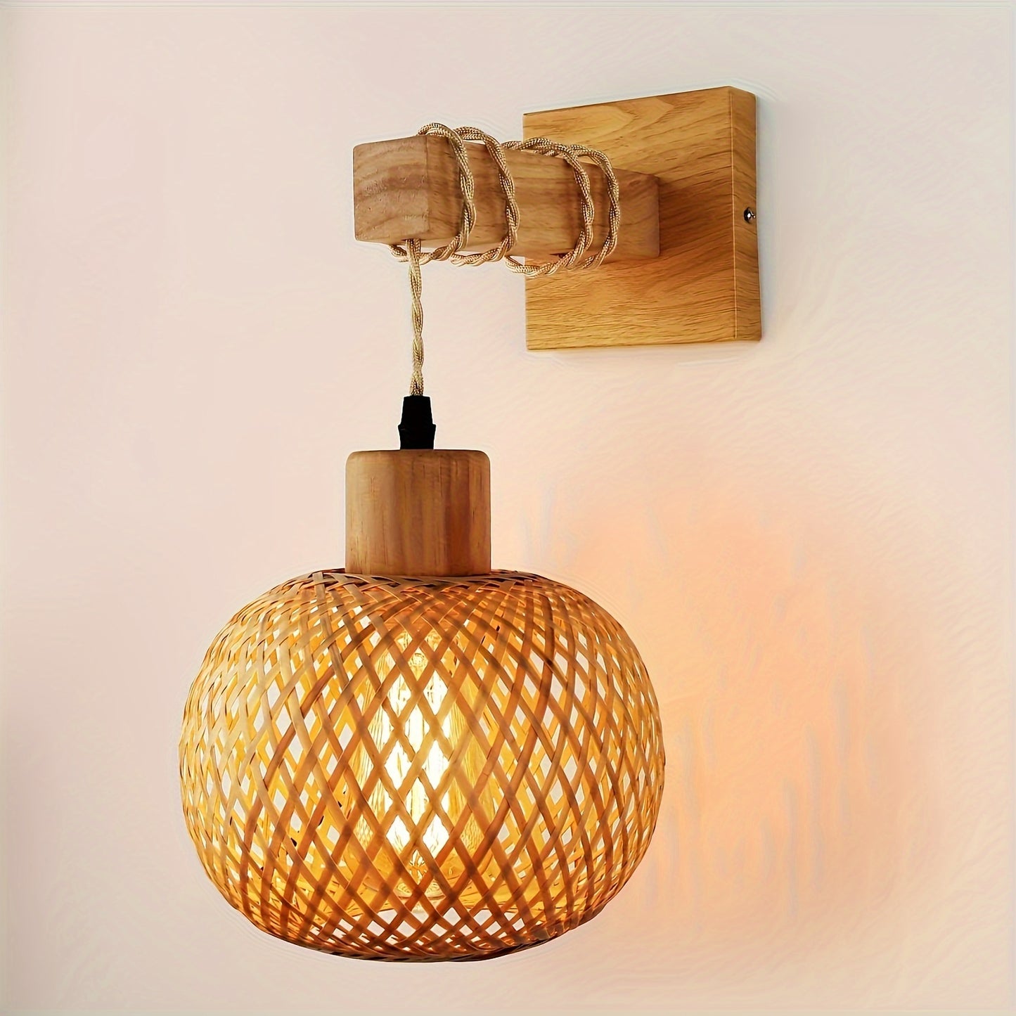Rustic Wooden Wall Sconce | Handwoven Rattan & Wood Light Fixture