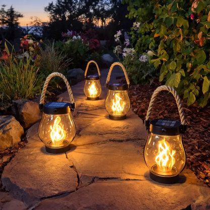 Lanterna Solar Suspensa Exterior Efeito Chama Decoração de Jardim