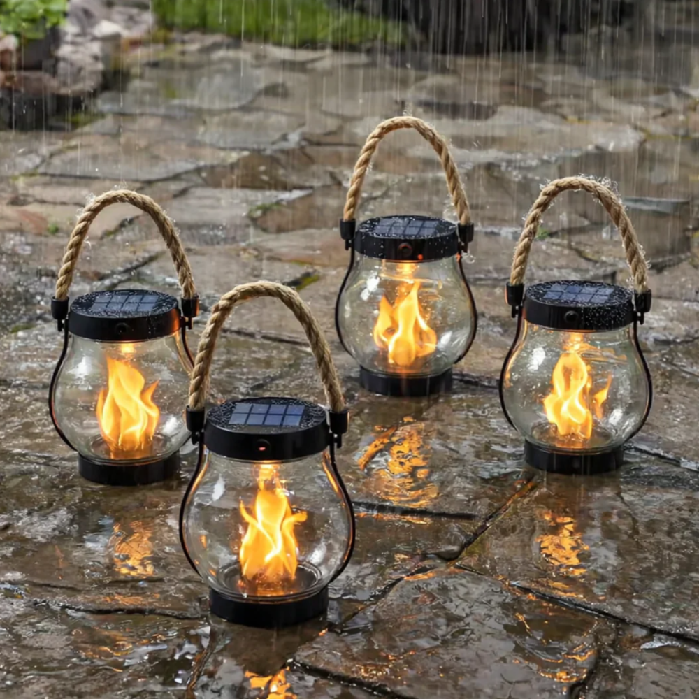Lanterna Solar Suspensa Exterior Efeito Chama Decoração de Jardim