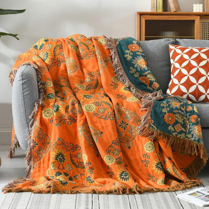 Cotton Throw Blanket Reversible Decorative Fringe Design - Image 1