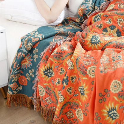 Cotton Throw Blanket Reversible Decorative Fringe Design - Image 2