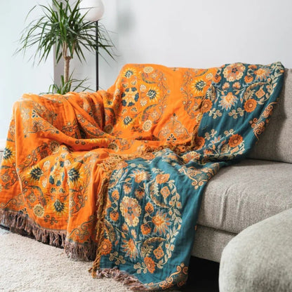 Cotton Throw Blanket Reversible Decorative Fringe Design - Image 3