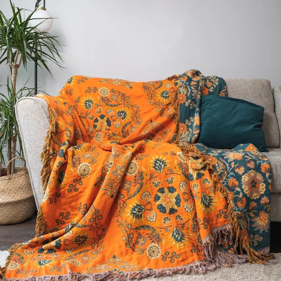 Cotton Throw Blanket Reversible Decorative Fringe Design - Image 6