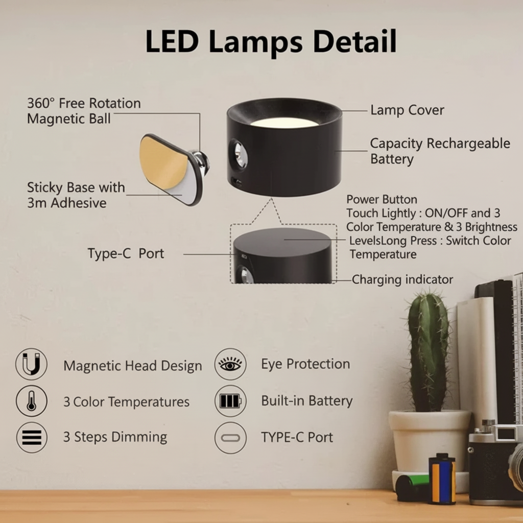 Applique Parete LED Ricaricabile Magnetica Orientabile