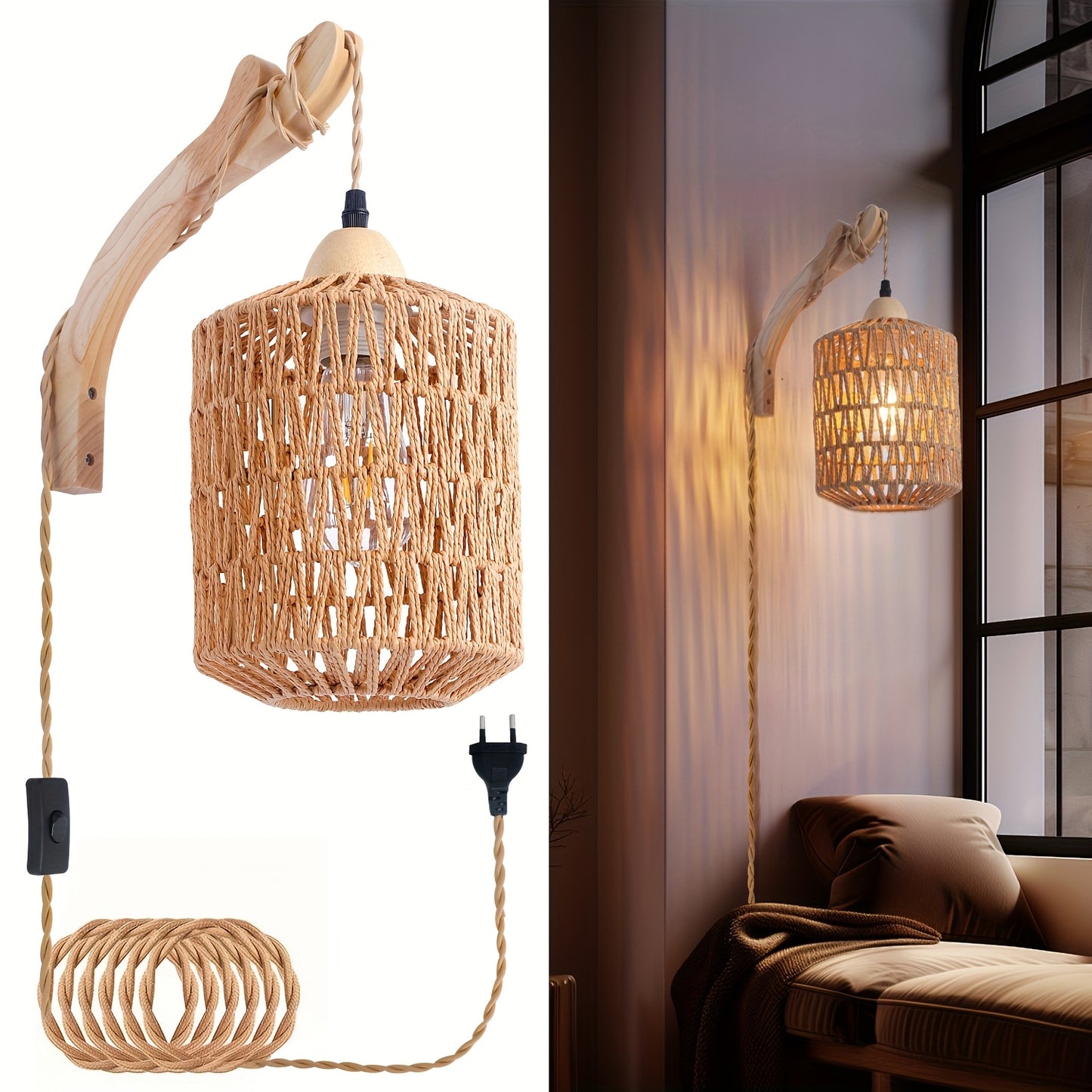 Lampă de perete Boho din lemn și ratan | Lumină cu priză, țesută manual