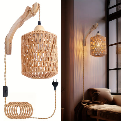 Lampă de perete Boho din lemn și ratan | Lumină cu priză, țesută manual