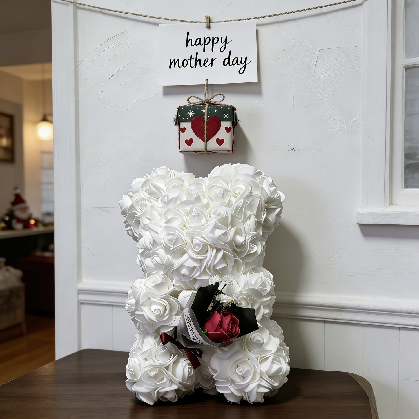 Presente Urso de Rosas do Dia da Mãe Urso de Peluche com Flor Artificial Decoração